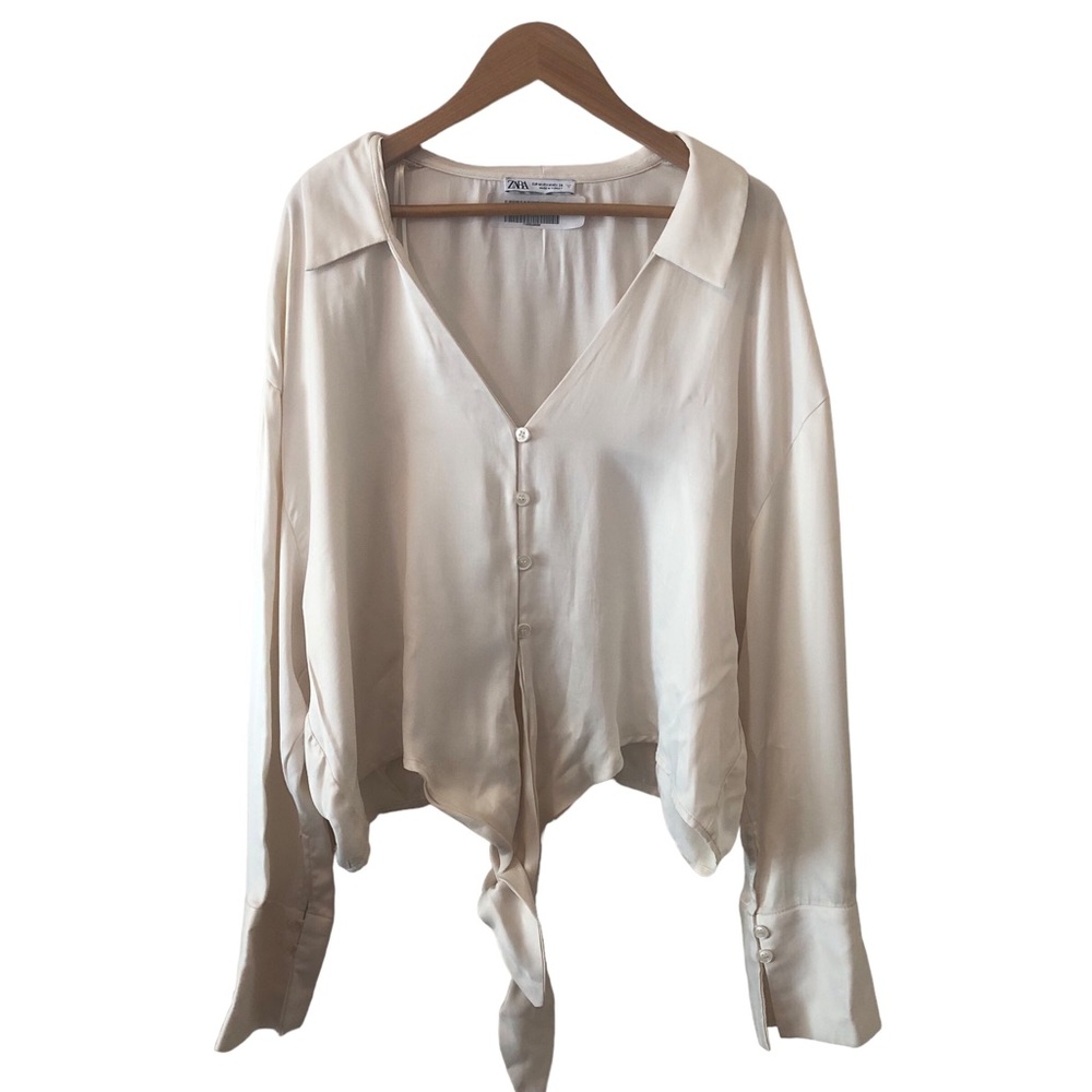 Zara Cropped Button Tie Front Blouse Size M